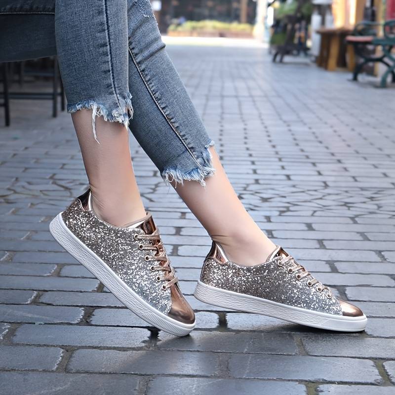 Women's Glitter Sequins Flat Sneakers Lace Up Anti slip Low - Temu